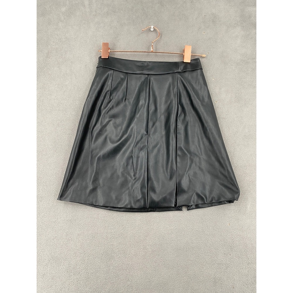 Banana Republic Black Faux Leather Mini Skirt Size 2 Pleated Side Slit A-Line